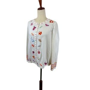 Michael Simon Lite Cardigan Beach Embroidered 100% Cotton Top Size Large Vintage